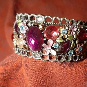 Gold Tone Filigree Cuff Bracelet Multi-color Stone